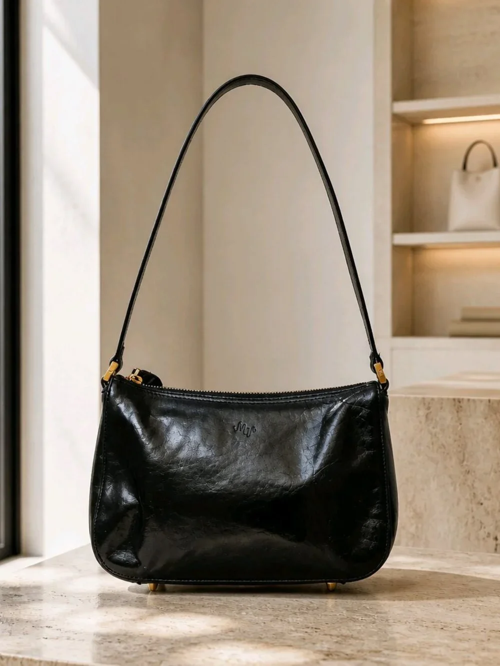 Monsac Black Leather Shoulder Bag – Gold Hardware – Y2K Vintage